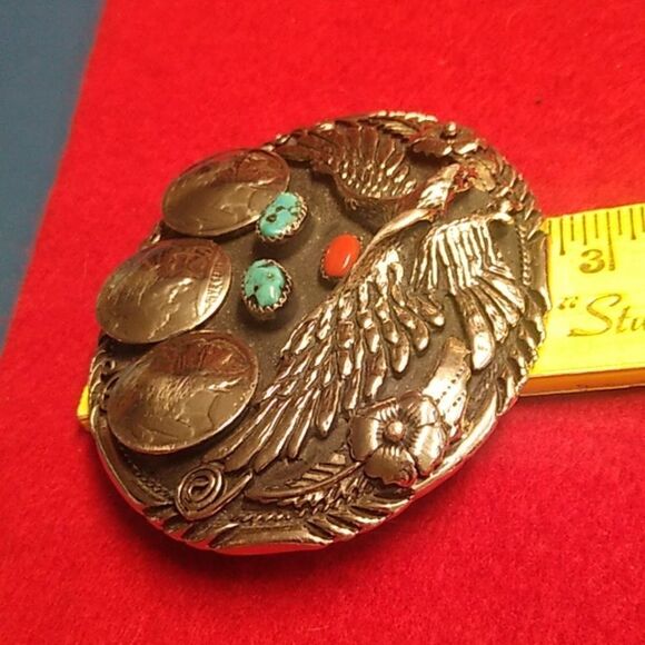 Vintage Turquoise & Coral Eagle Southwestern Silver Tone Metal Handcrafted Sign - Picture 9 of 9